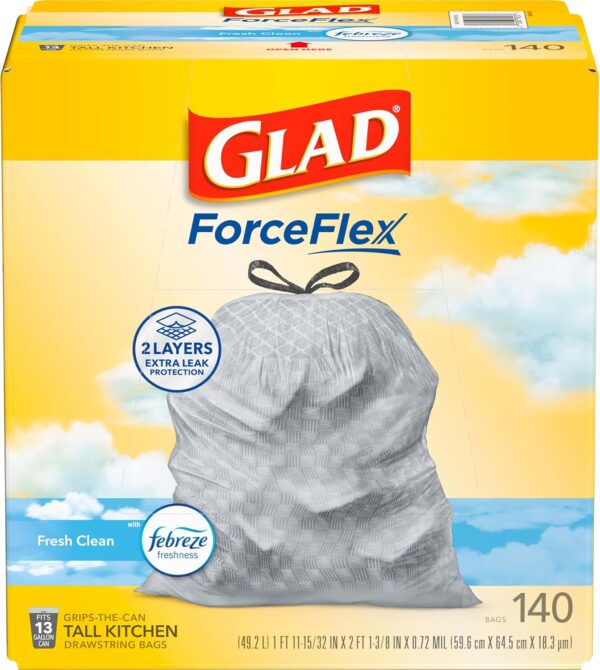 Glad Tall Kitchen Trash Bags 13 Gallon, Febreze Fresh Clean Garbage Bags, Odorshield with Drawstring, 140 Count