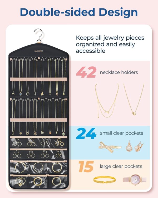 BAGSMART Hanging Jewelry Organizer with Hanger Metal Hooks Double-Sided Jewelry Holder for Organizing Earrings Necklaces Rings Perfect for in Hanging Closet, Wall, Door, 1 Piece, Large, Black - Image 2