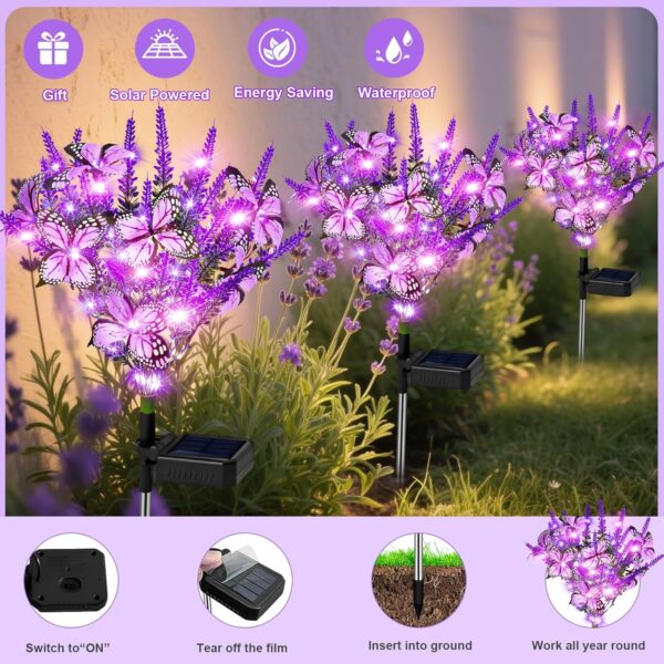 Solar Garden Lights Outdoor 6 Pack Lavender Butterfly Lights, Solar Artificial Flower Outdoor Waterproof Decoration Gardening Gifts for Women, Yard Patio Pathway Lawn Courtyard Decoration - Image 7