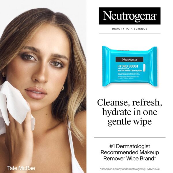 Neutrogena Hydro Boost Ultra-Soft Micellar Cleansing Wipes with Hyaluronic Acid, Hydrating Makeup Remover Wipes Remove Dirt & Waterproof Makeup, Hypoallergenic, Plant-Based Cloth, 2 x 25 ct - Image 2