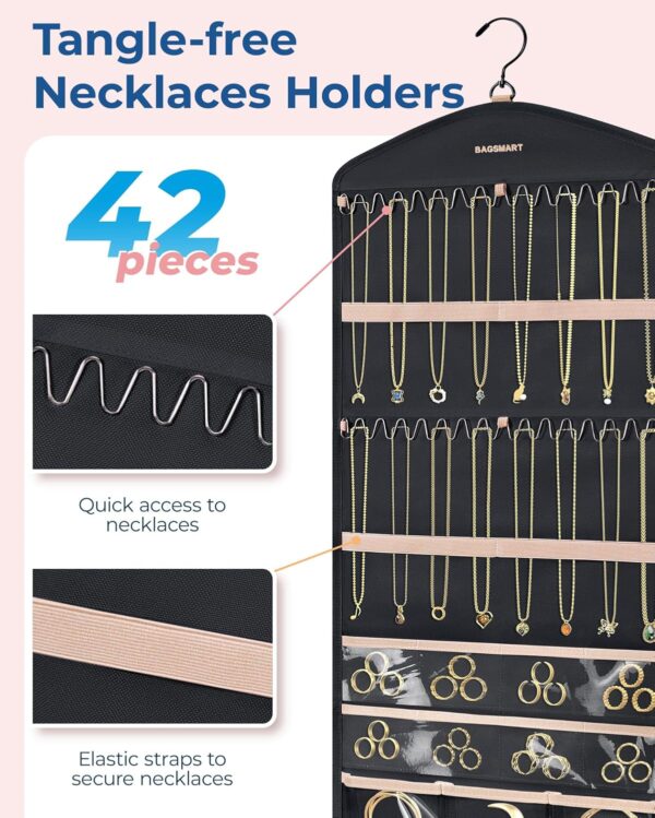 BAGSMART Hanging Jewelry Organizer with Hanger Metal Hooks Double-Sided Jewelry Holder for Organizing Earrings Necklaces Rings Perfect for in Hanging Closet, Wall, Door, 1 Piece, Large, Black - Image 3