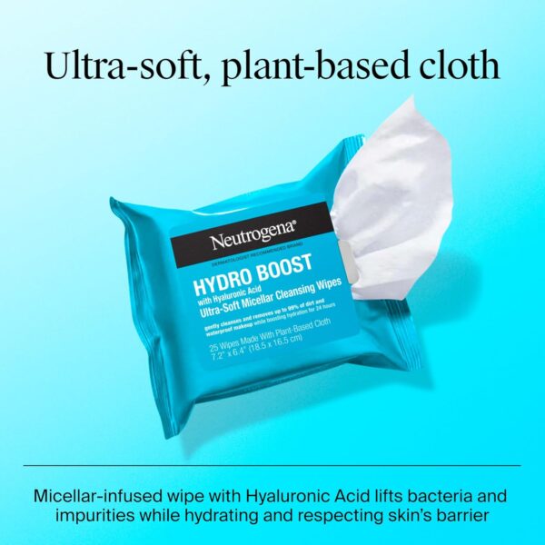Neutrogena Hydro Boost Ultra-Soft Micellar Cleansing Wipes with Hyaluronic Acid, Hydrating Makeup Remover Wipes Remove Dirt & Waterproof Makeup, Hypoallergenic, Plant-Based Cloth, 2 x 25 ct - Image 7