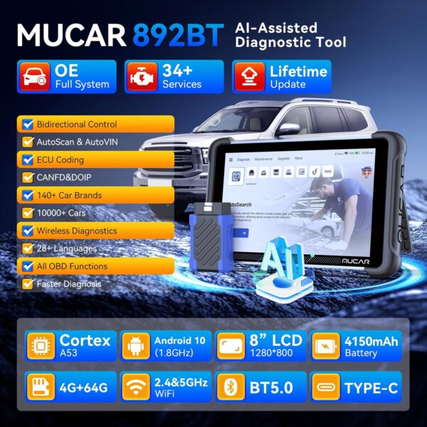 MUCAR AI-Assisted Bidirectional Scan Tool, 892BT Full System OBD2 Scanner, Bi-Directional OBD2 Scanner Diagnostic Tool,ECU Coding, 34 Services, FCA Autoauth, CANFD and DOIP, Free Lifetime Upgrade - Image 2