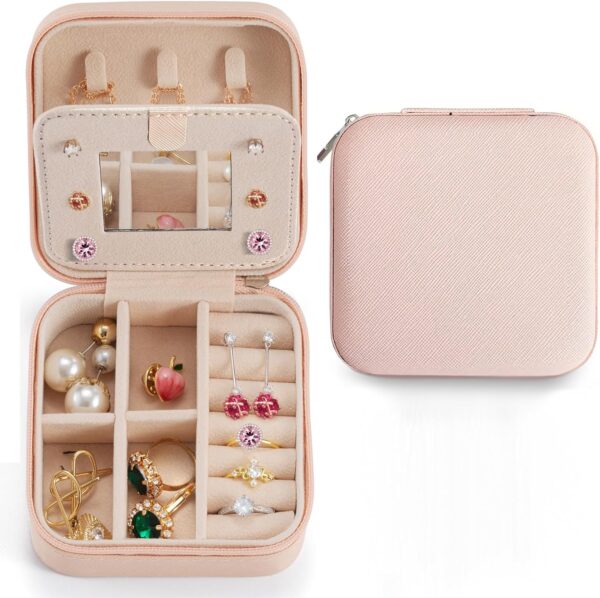 Mini Jewelry Travel Case,Small Jewelry Box,Traveling Jewelry Organizer,Portable Jewellery Storage Holder for Rings Earrings Necklace Bracelet Boxes for Girls Women | Pink-Mirror