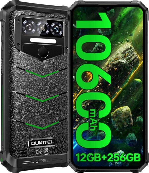 OUKITEL WP38 Rugged Phone Unlocked 2024-12GB+256GB Rugged Smartphone, 10600mAh Battery Cell Phones, 6.52" Display, 13MP Carema Waterproof, 4G Dual SIM Android 13 Phone, NFC/OTG/GPS/T-Mobile