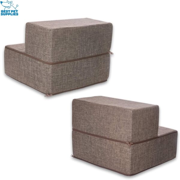 Best Pet Supplies Portable Foldable Foam Pet Stairs/Steps for Couch, Sofa, and High Bed, Non-Slip Bottom Balanced Paw Safe - Brown Linen, Foldable 2-Step (H: 12") - Image 3